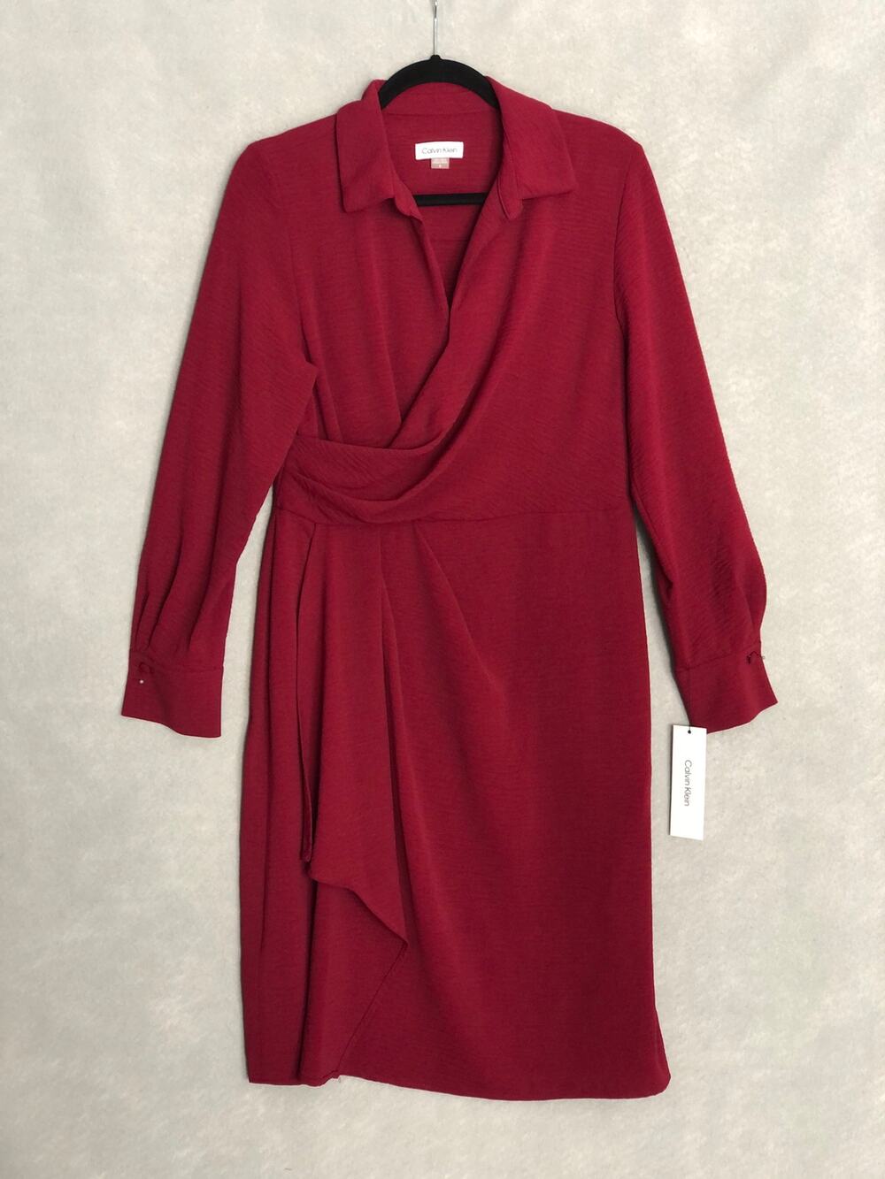 Calvin Klein Faux Wrap Dress Bishop Sleeve Burgundy Women's Size 8 (FLAW) NEW
